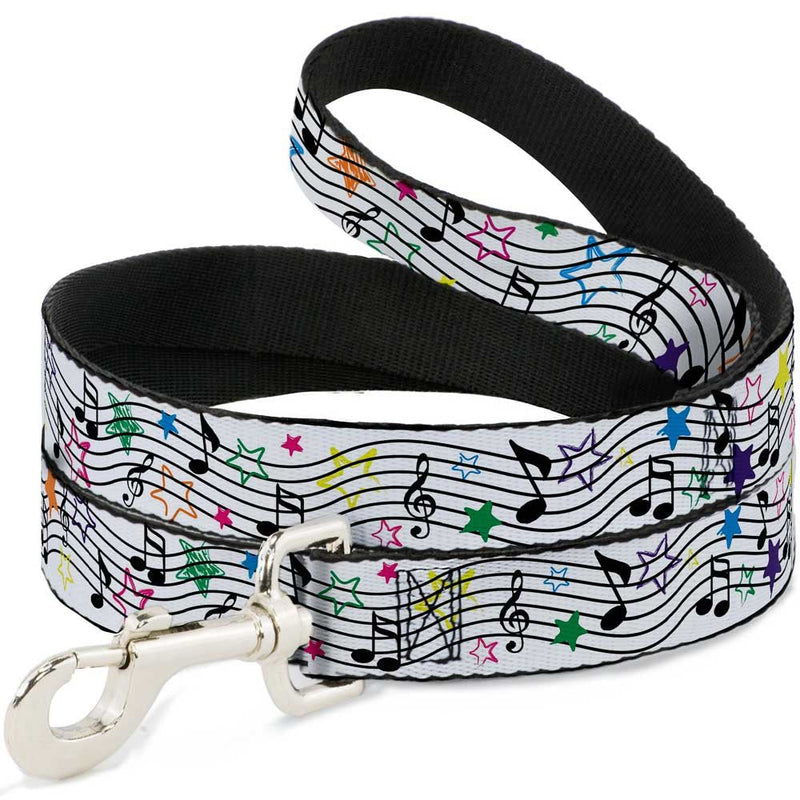 Buckle-Down Pet Leash - Music Notes Stars White/Black/Multi Color - 6 Feet Long - 1" Wide - PawsPlanet Australia