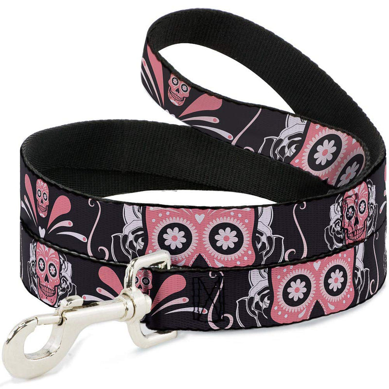 Buckle-Down Pet Leash - Sugar Skulls Gray/Pink - 6 Feet Long - 1.5" Wide - PawsPlanet Australia