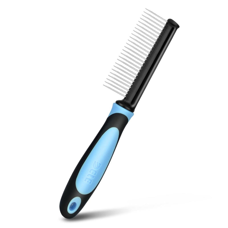 Flexzion Metal Pet Comb for Cats & Dogs - Sturdy Stainless Steel Rounded Teeth with Non-Slip Soft Grip Handle Easy to Use Grooming Detangling Cat Combs for Indoor Cats, Blue - PawsPlanet Australia