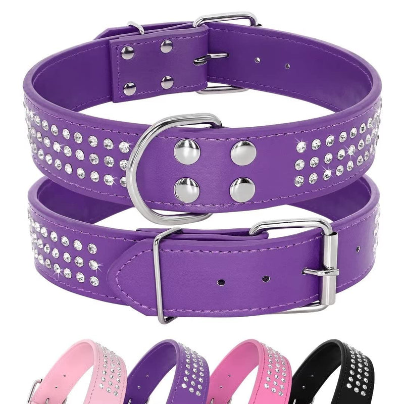 Rhinestones Dog Collar - 1.5" Width Leather Made with Sparkly Crystal Diamonds Studded - Shining Pet Appearance for Medium & Large Dog Walking,17"-20",Purple Neck 17-20",Fit 50-70lbs Purple - PawsPlanet Australia