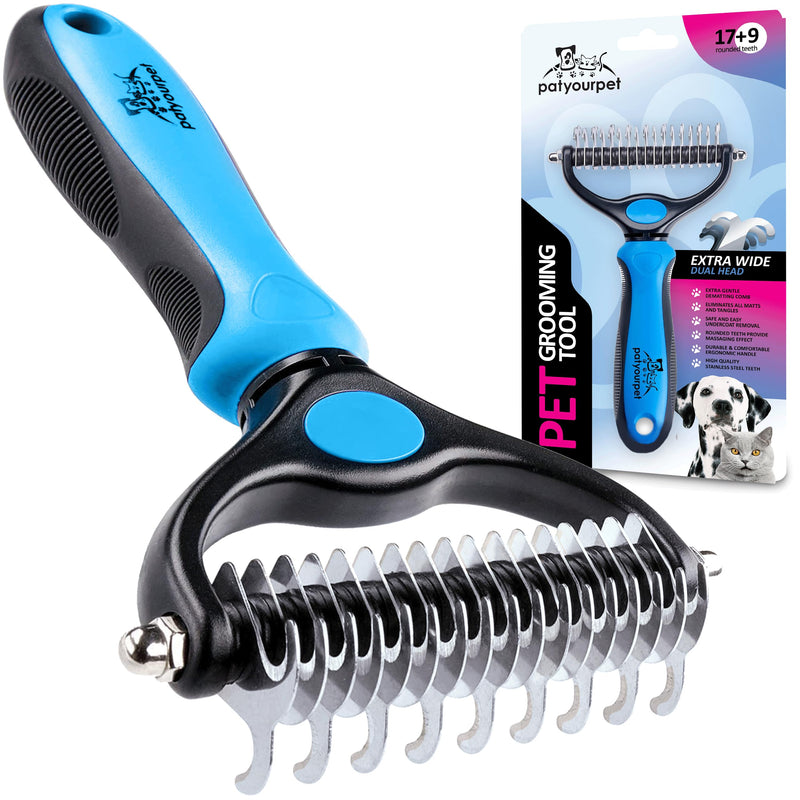 Pat Your Pet Deshedding Brush - Double-Sided Undercoat Rake for Dogs & Cats - Shedding Comb and Dematting Tool for Grooming, Extra Wide Blue