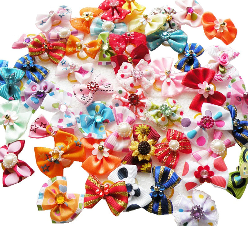 RIMOBUL 50PCS Yorkie Pet Hair Bows with Rubber Bands, Cute Small Dog Hair Bows Pet Handmade Hair Bowknot Puppy