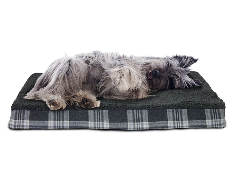 FurHaven Pet Dog Bed - Deluxe Orthopedic Mat Terry & Plaid Flannel Traditional Foam Mattress Pet Bed w/Removable Cover for Dogs & Cats, Smoke Gray, Medium ys/m - PawsPlanet Australia