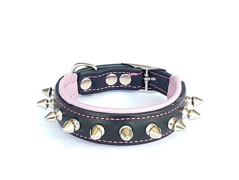 Bestia "Spiky Collar with Blunt Screw Tips. Suitable for Small Dog Breeds or Puppies. 1" Wide Soft Padded Leather Interior & Exterior Handmade in Europe! S- fits a neck of 9.8 - 11.8 inch Cushion Pink - PawsPlanet Australia