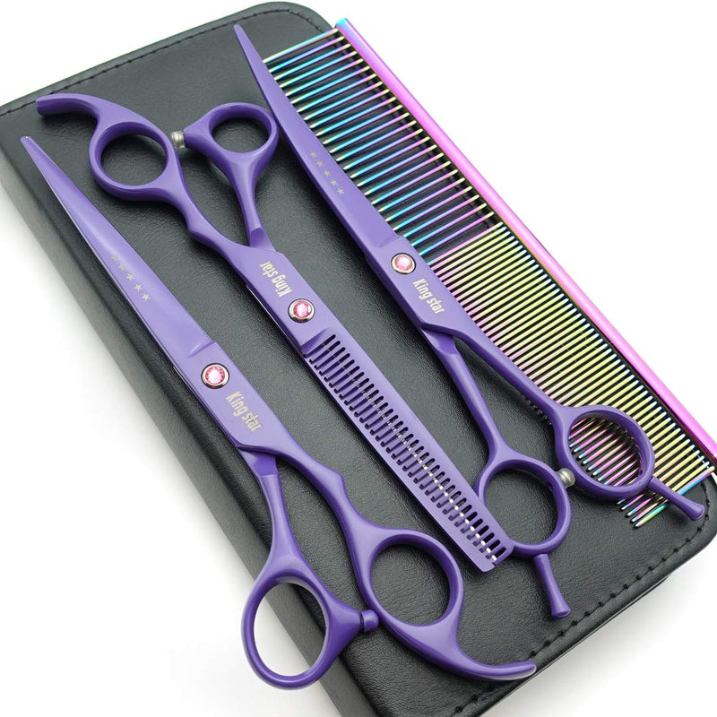7.0in. Matt Purple Professional Pet Grooming Scissors Set,Straight & Thinning & Curved Scissors Set with Comb,case,A429 7 inches 7 Inches Purple Set