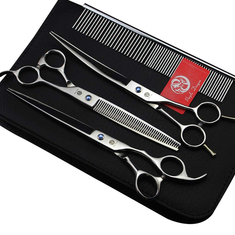 Purple Dragon 8.0 inch Dog Hair Cutting, Curved and Thinning Scissor Shears Pet Grooming Tool Kit Silver - PawsPlanet Australia