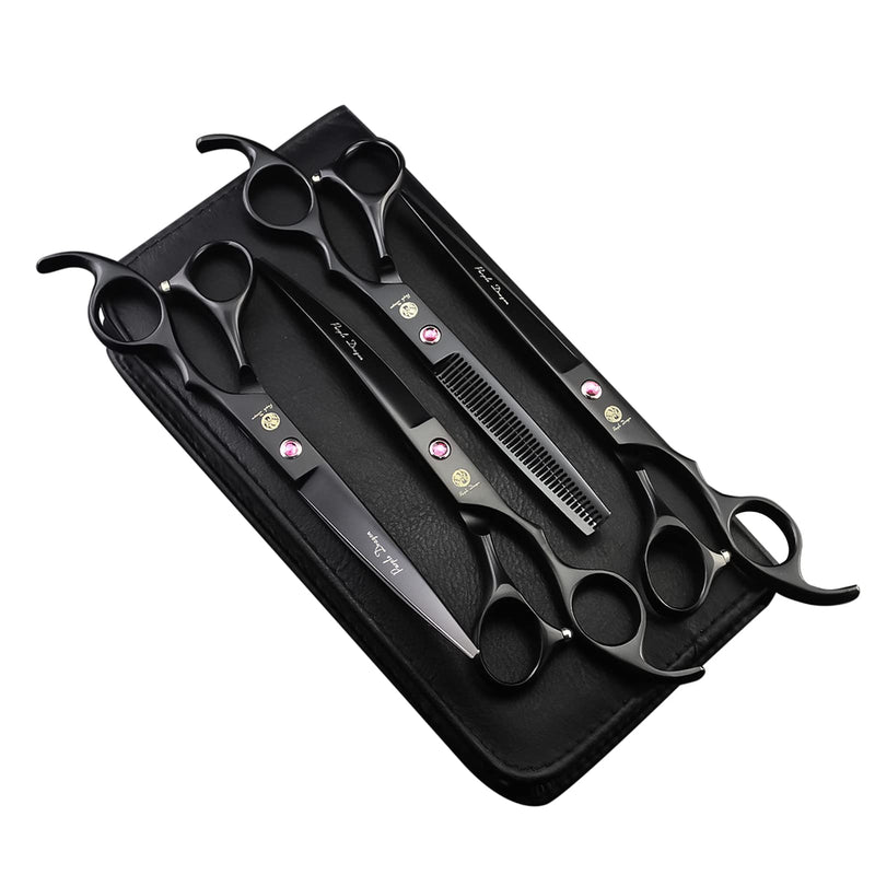 Purple Dragon Professional 7.0 inch 4PCS Pet Grooming Scissors Kit Japan Premium Steel Straight, Curved & Thinning Blade Dog Hair Cutting Shears Set with Case Matte Black - PawsPlanet Australia