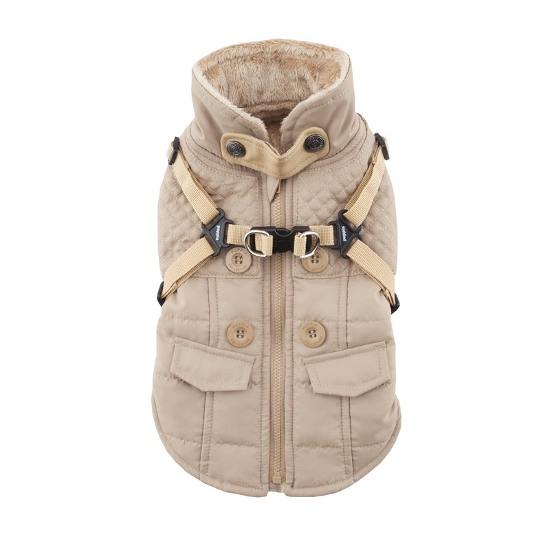 Puppia Wilkes Winter Dog Coat with Integrated Harness No Pull Cold Weather Waterproof Warm Fleece Back Zipper for Small & Medium Dog, Beige, Large