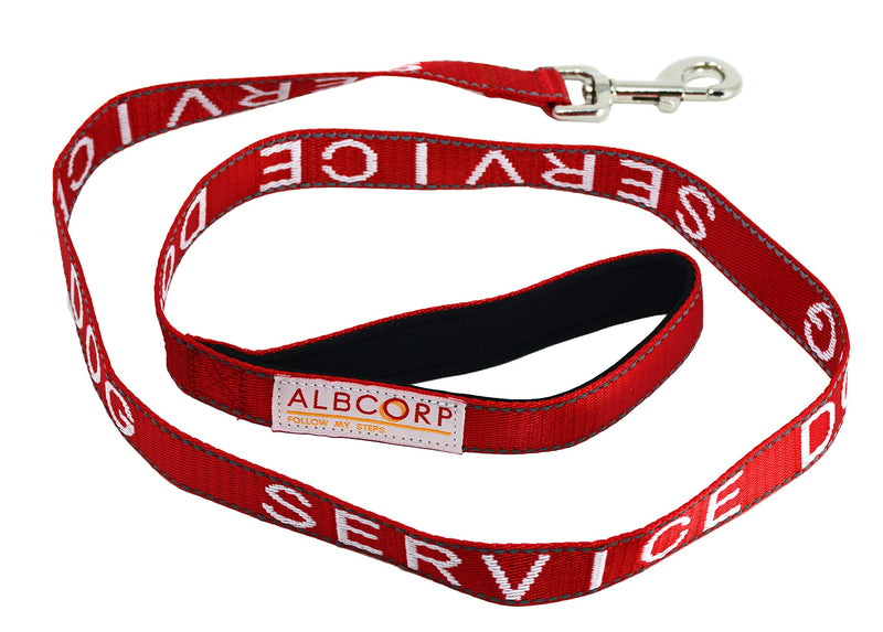 Albcorp Service Dog Leash - Embroidered- with Padded Neoprene Handle and Reflective threads, 4 Feet, for Harnesses, Vests or Collars, Red - PawsPlanet Australia