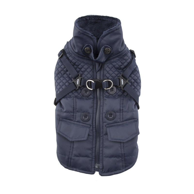 Puppia Wilkes Winter Dog Coat with Integrated Harness No Pull Cold Weather Waterproof Warm Fleece Back Zipper for Small & Medium Dog, Navy, Medium - PawsPlanet Australia