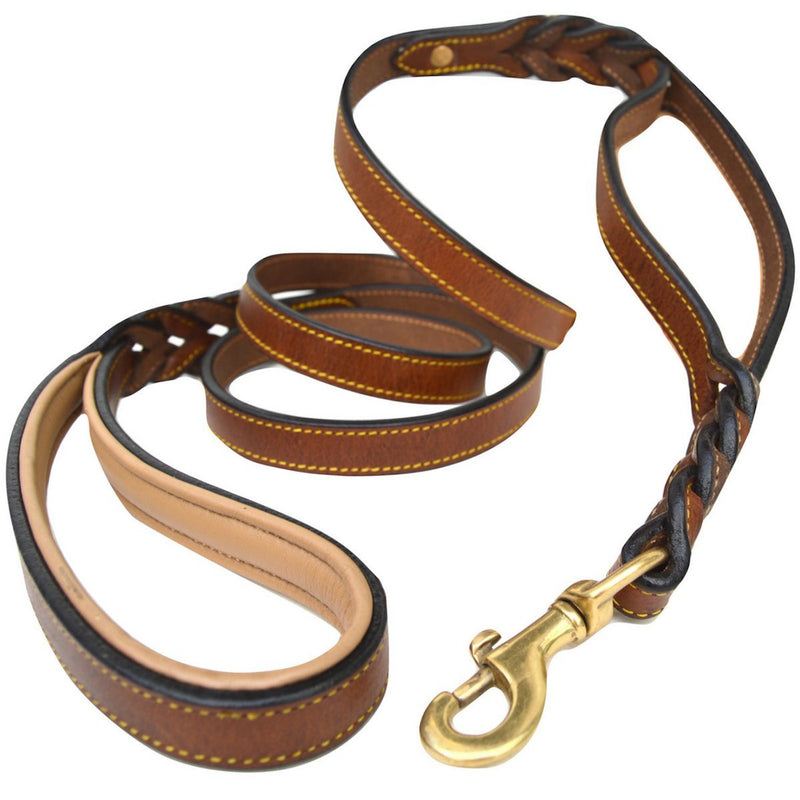 Soft Touch Collars Braided Leather Dog Leash Traffic Handle 6 FT x 3/4 INCH Brown - PawsPlanet Australia