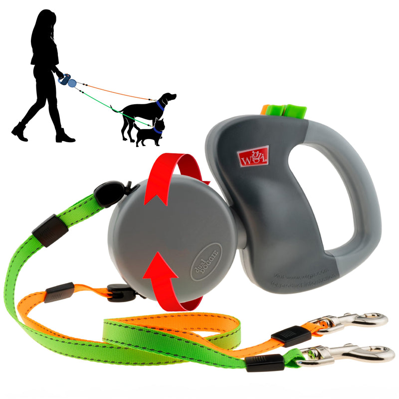 WIGZI (2) Two Dog Reflective Retractable Pet Leash – 360 Degree Zero Tangle Patent - Two Dogs Each up to 50 lbs and 10ft. Reflective Orange and Green Leads. Dual Locking Regular Handle - PawsPlanet Australia