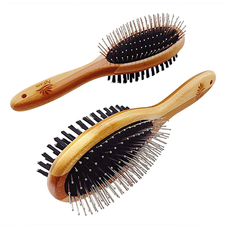 Double Sided Dog Brush - for Long or Short Haired Dogs and Cats Natural Bamboo Eco Friendly Pet Grooming Dual Sided Pin and Bristles for Deshedding Hair - PawsPlanet Australia