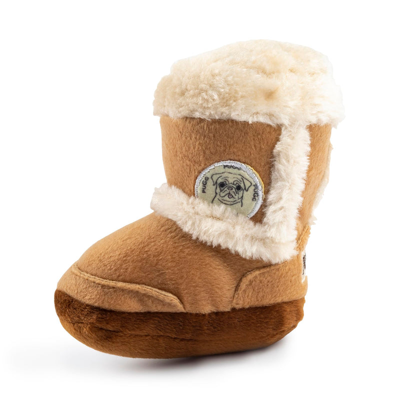 Haute Diggity Dog Pugg Boot, Plush Designer Dog Toys with Interactive Squeaker, Stimulating Pet Enrichment, Machine-Washable & Safe Materials for All Breeds, One Size Tan Brown - PawsPlanet Australia