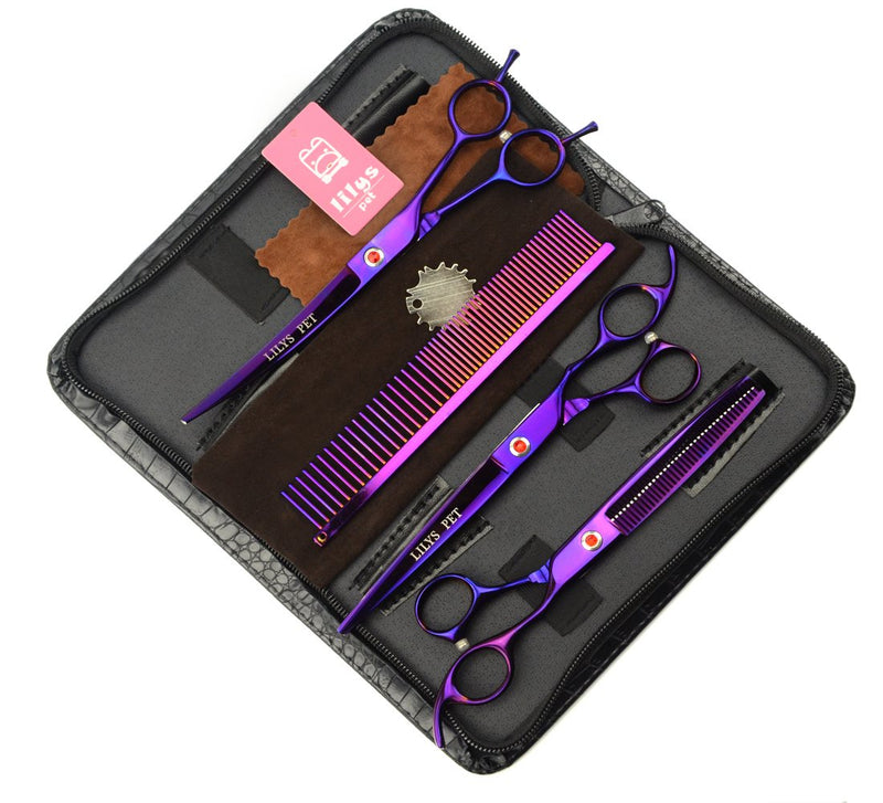 LILYS PET Professional PET Grooming Scissors Kit,Coated Titanium,Sharp and Strong Stainless Steel Blade for Dogs Cats Hair Cutting,3 Pieces of Scissors with a Comb and a Case (7.5 inches, Purple) 7.5 inches - PawsPlanet Australia