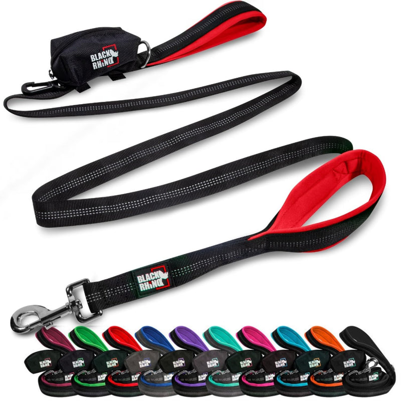 Black Rhino 6 ft Long Heavy Duty Dog Leash with Traffic Handle for Medium and Large Dogs - with Padded Neoprene Dual Handles, Bag and Clip - Reflective, Durable, and Weather Resistant - Red - PawsPlanet Australia