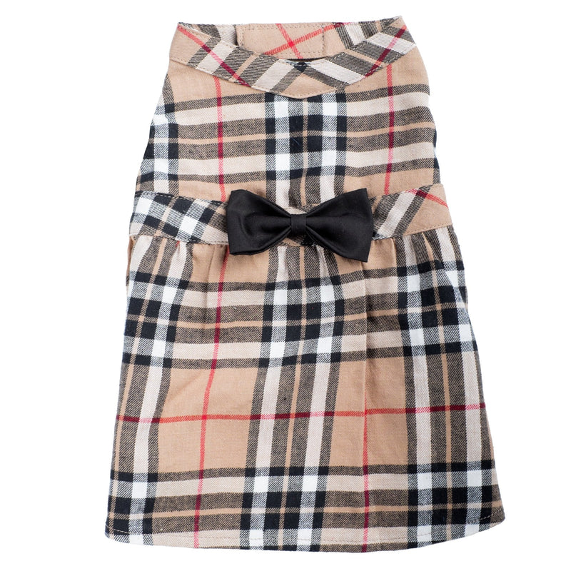 The Worthy Dog Flannel Plaid Adjustable Pet Dress, Stylish Bow Attached Dress, Summer Outfit For Doggy, Fits Small Size Dogs, Tan S - PawsPlanet Australia