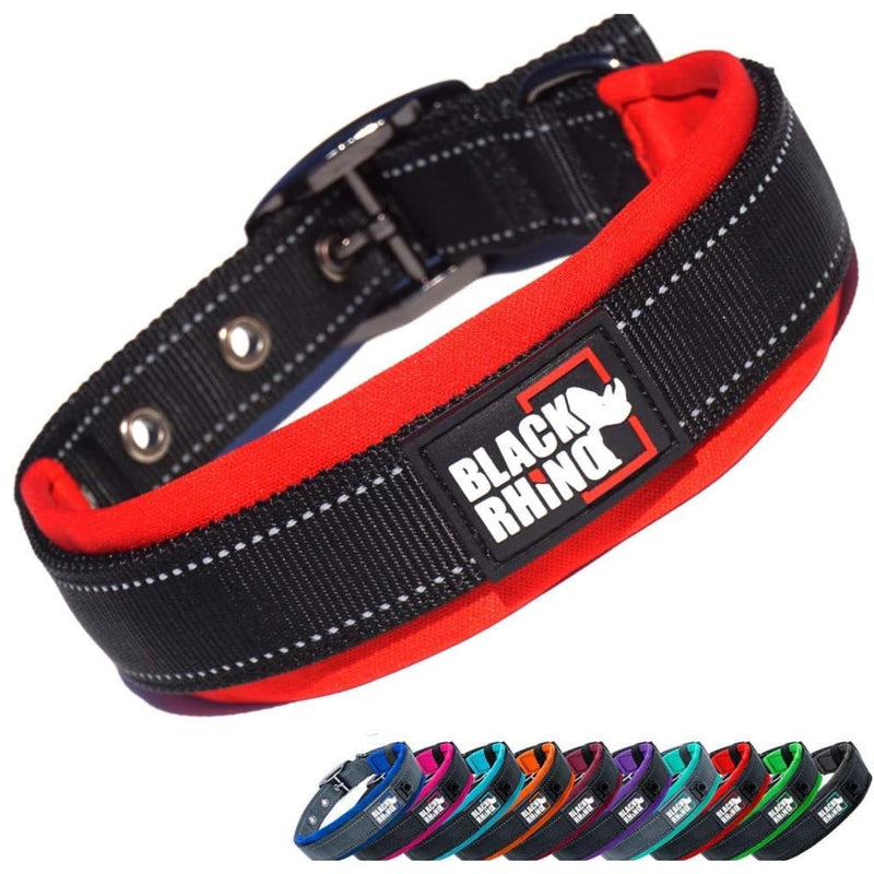 Black Rhino Dog Collars for Medium Dogs - Adjustable Reflective Heavy Duty Dog Collar with Ultra-Soft Neoprene Padding - Weatherproof, Durable, and Comfortable - Ideal for Active Dogs - Red and Black Red/Black - PawsPlanet Australia