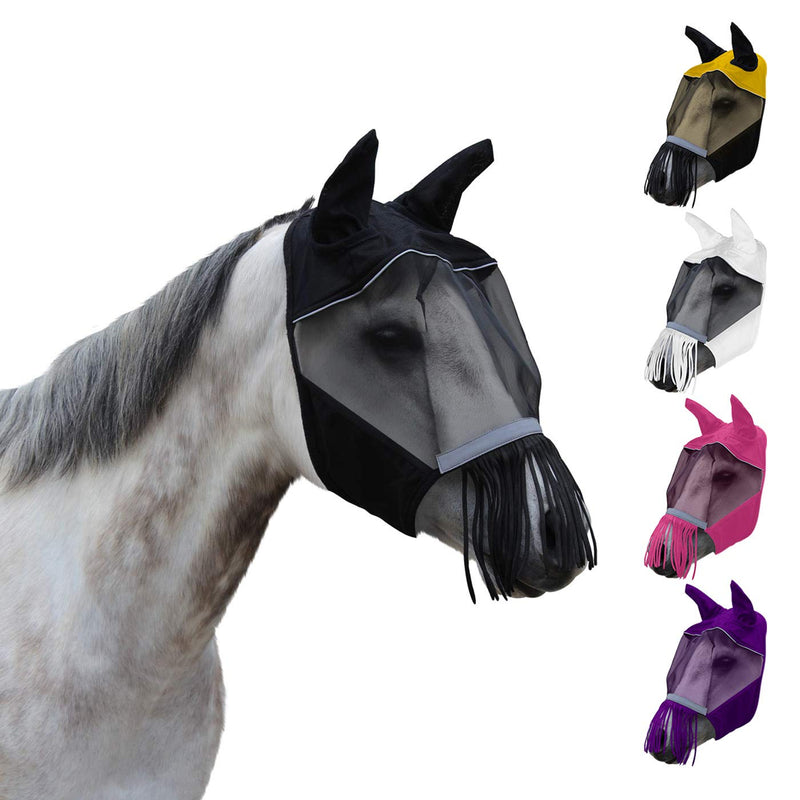 Derby Originals Reflective Safety Horse Fly Mask with Ears and Nose Cover Fringes Full Horse (Large) Black - PawsPlanet Australia