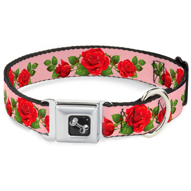 Dog Collar Seatbelt Buckle Rose Trio Leaves Pink 18 to 32 Inches 1.5 Inch Wide 1.5" Wide - Fits 18-32" Neck - Large - PawsPlanet Australia