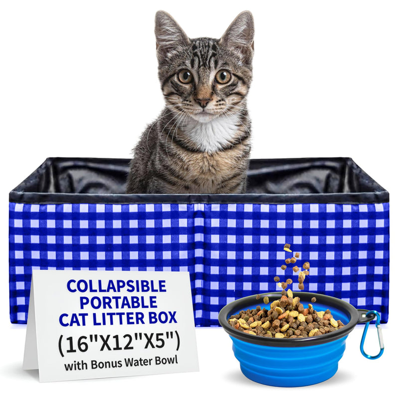 Pet Fit For Life - Vibrant Collapsible Travel Cat Litter Box - Portable, Foldable, Compact Design with Bonus Water Bowl - Ideal for Car & Camping - Reusable, Cats Safe - Blue, (16"x12"x5") - PawsPlanet Australia
