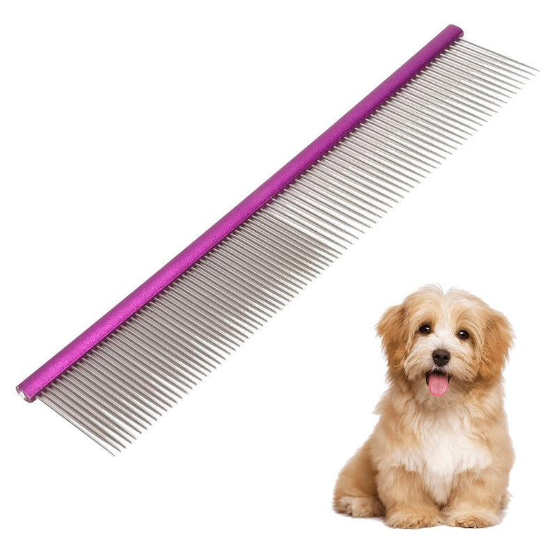 Pet Comb 8 inches Comfortable Grooming Comb with Different-Spaced Rounded Stainless Steel Teeth, Easy Grip and Convenient Grooming for Pets Dog Cat with Medium Coarse Fur - Purple 8" - PawsPlanet Australia