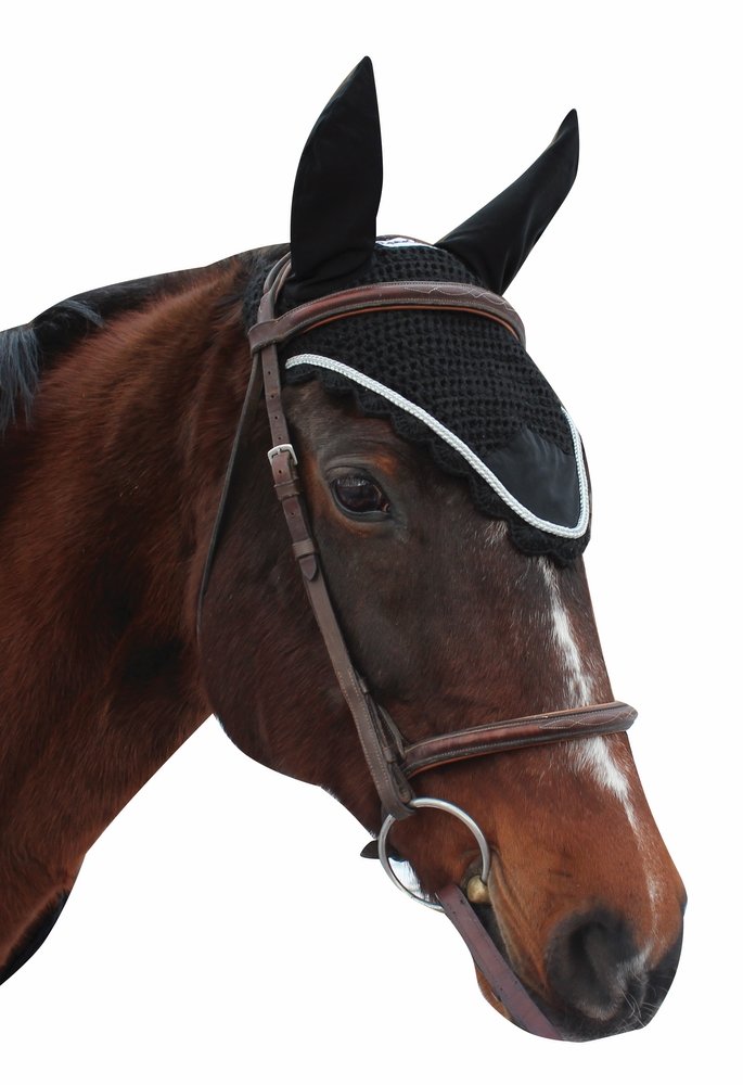 Equine Couture Fly Bonnet with Silver Rope Black Full - PawsPlanet Australia