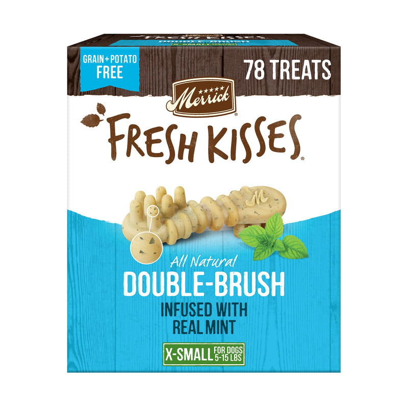Merrick Fresh Kisses Natural Dental Chews Toothbrush Treat Shape Infused With Real Mint For Tiny Dogs 5-15 Lbs - 78 ct. Box 78 Count (Pack of 1)