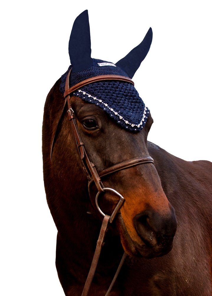 Equine Couture Fly Bonnet with Crystals - EC Navy - Full - PawsPlanet Australia