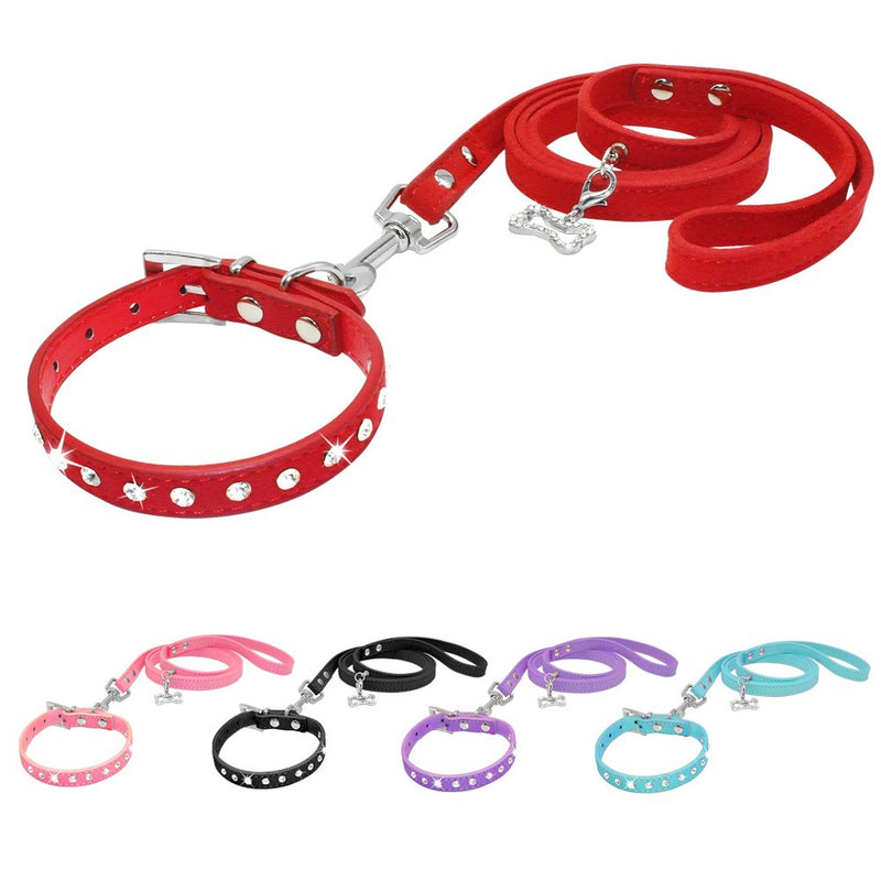Dogs Kingdom 10 "-16.5" Total Length Suede Skin Jeweled Rhinestones Pet Dog Collar Leash Set Sparkly Crystal Diamonds Studded Leather Puppy Dog Cat Collar Leash Set Red XXS - PawsPlanet Australia
