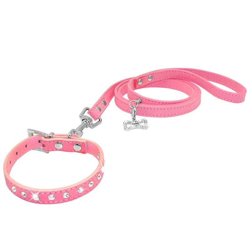 Dogs Kingdom 10 "-16.5" Total Length Suede Skin Jeweled Rhinestones Pet Dog Collar Leash Set Sparkly Crystal Diamonds Studded Leather Puppy Dog Cat Collar Leash Set Pink M - PawsPlanet Australia