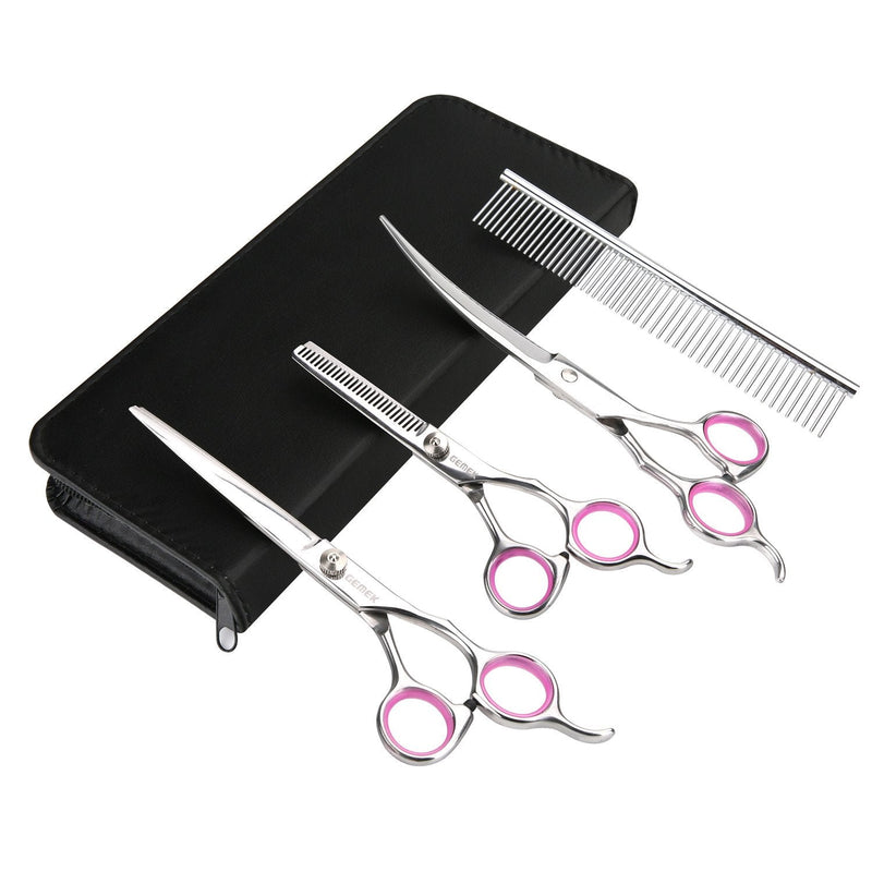 GEMEK Pet Cat Dog Grooming Scissors Set 4 Pieces Stainless Steel Professional Pet Trimmer Kit - 7.5 inch Straight Cutting, Thinning Shears, Curved, Grooming Combs Pink 5 in 1 - PawsPlanet Australia