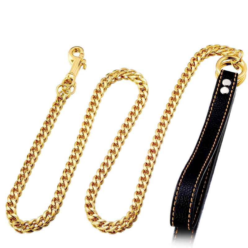 Chain Dog Leash Metal Chew Proof Leash, Leather Handle 11mm Gold 18K 4.5FT Heavy Duty Pet Leash Chain, with Padded Handle for Large Medium Small Dogs (Totally Length of 4.5FT)