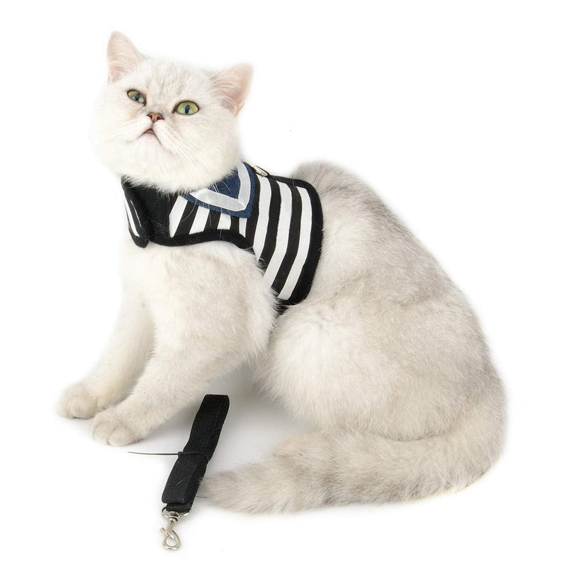 SMALLLEE_LUCKY_STORE Soft Mesh Sailor Harness for Cat and Small Dogs, Pet Navy Striped Walking Vest Puppy Padded Harnesses Leash Set Adjustable Black S - PawsPlanet Australia