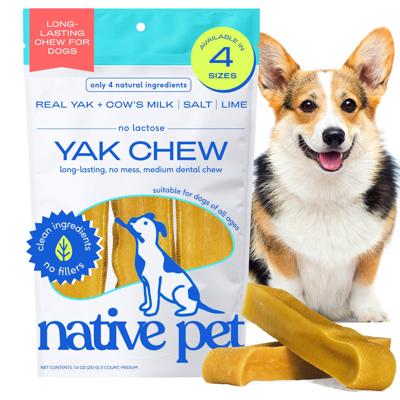 Native Pet Yak Cheese Himalayan Dog Chews - Long Lasting Dental Sticks for Medium Breeds – 100% All Natural Himalayan Yak Chews for Medium Dogs – Cheese Bone for Aggressive Chewers - 3 Per Pack 3 Chews