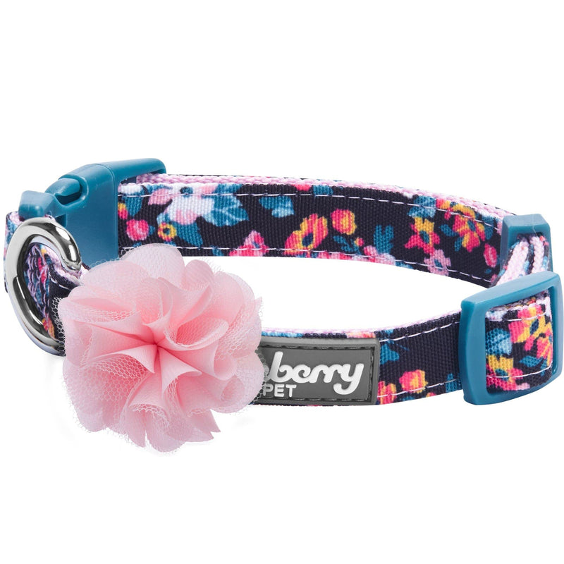 Blueberry Pet Made Well Elegant Floral Print Adjustable Dog Collar in Sleek Black with Pink Artificial Silk Flower, X-Small, Neck 7.5"-10"
