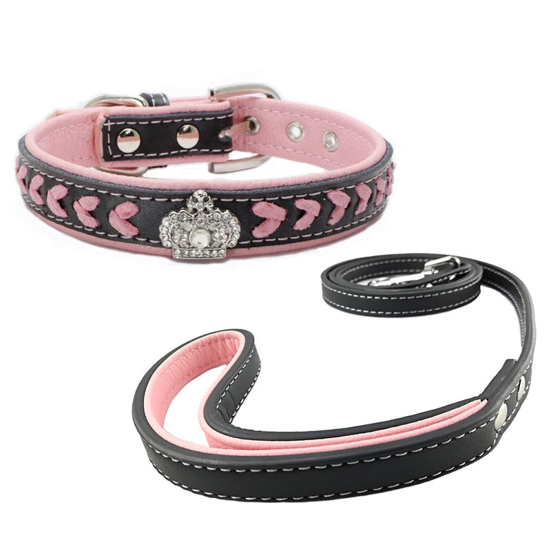 Dog Collar and Lead Set Nylon Straps Woven Bling Collar Leather Diamante Puppy Collar with Leash for Dogs - Pink - S - PawsPlanet Australia