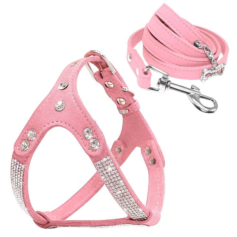 Beirui Soft Suede Rhinestone Leather Dog Harness Leash Set Cat Puppy Sparkly Crystal Vest & 4 ft Lead for Small Medium Cats Pets Chihuahua Poodle Shih Tzu Chest:17-19.5" Pink - PawsPlanet Australia