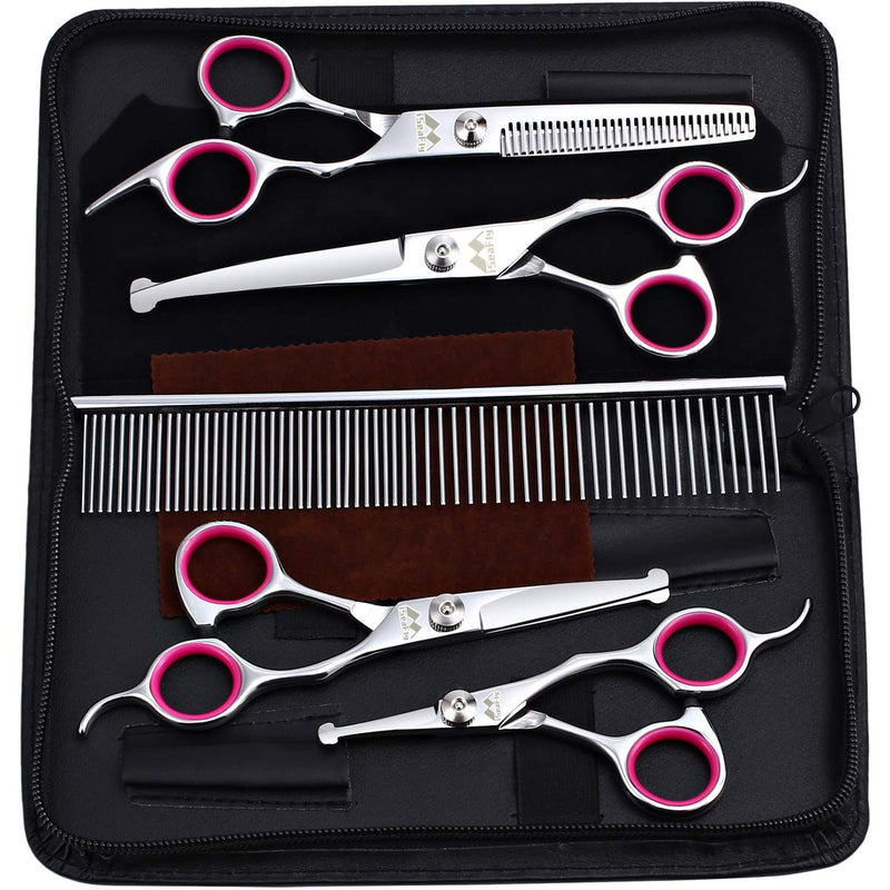 Dog Grooming Kit with Round Tip, 6 in 1 Cat Dog Grooming Scissors, Stainless Steel Pet Grooming Shears for Full Body, Face, Nose, Ear and Paw (pink) Pink - PawsPlanet Australia