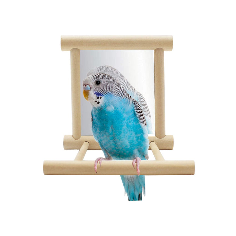 Hypeety Bird Parrot Mirror Toy Swing Hanging with Perch for Parrot Parakeet Budgies Cockatiel Conure Finch Lovebird (D) Wooden Mirror with Perch