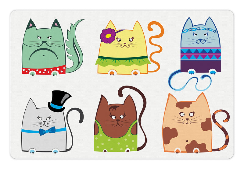 Lunarable Cat Pet Mat for Food and Water, Cat Illustration Series Different Fashion Styles Females Pets Little Paws Animal, Non-Slip Rubber Mat for Dogs and Cats, 18" X 12", White Yellow - PawsPlanet Australia