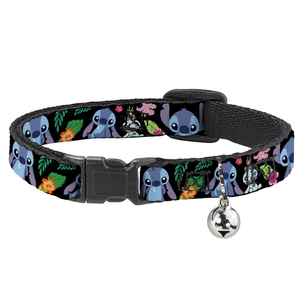 Buckle-Down BAC-WDY339-NL Breakaway Cat Collar-Ohana Means Family/Stitch & Scrump Poses/Tropical Flora Black/White/Multi Color, 1/2" W-9-15 Neck-Large 1/2" Wide - Fits 8-12" Neck