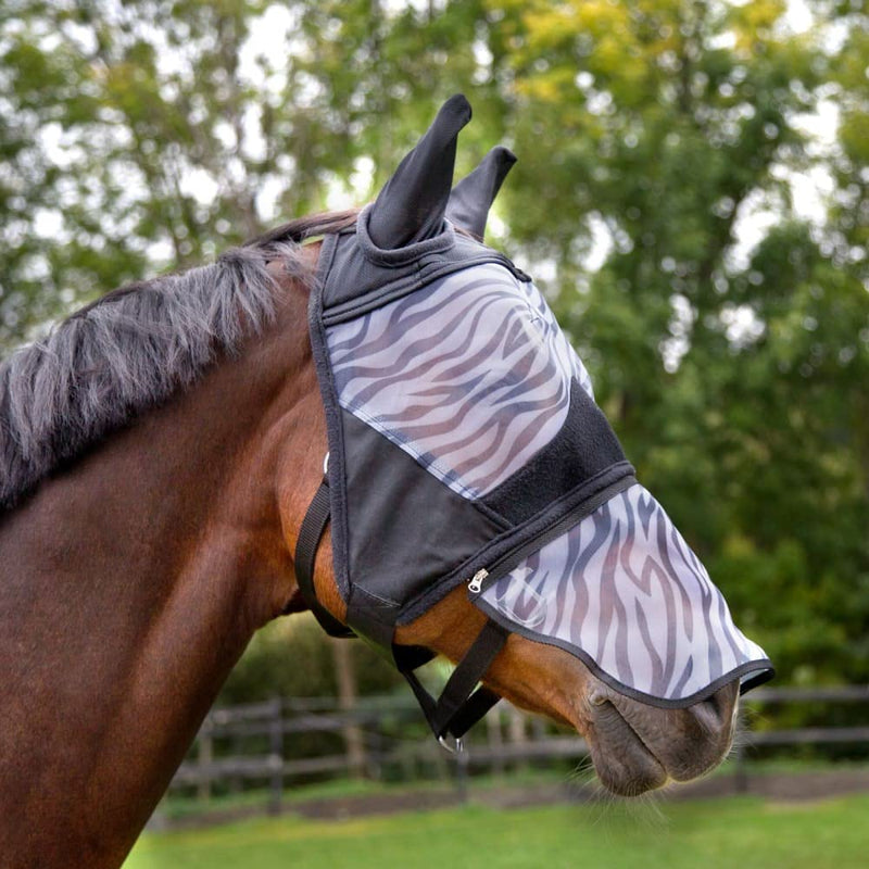 HORZE Zebra Pattern Mesh Insect and Fly Mask with Detachable Nose Protection - Black - L - PawsPlanet Australia