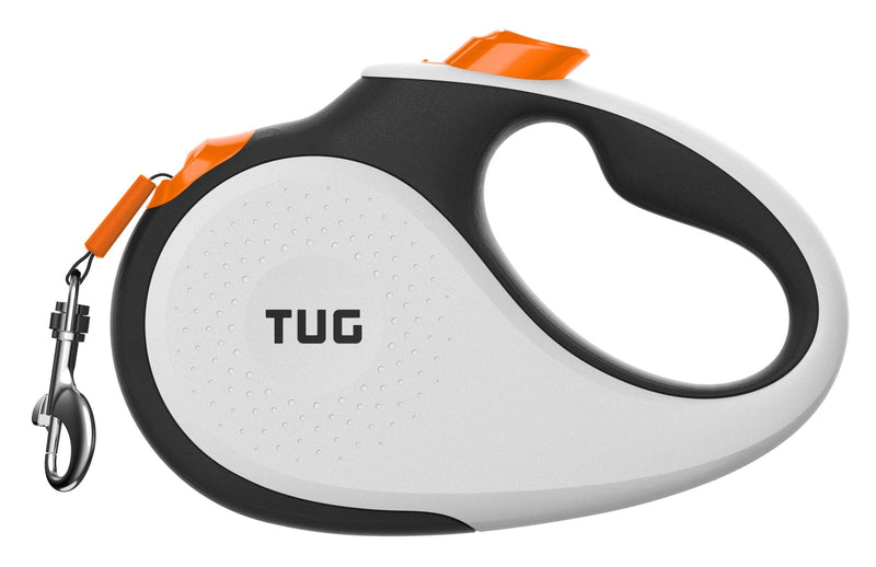 TUG 360° Tangle-Free Retractable Dog Leash with Anti-Slip Handle | 16 ft Strong Nylon Tape | One-Handed Brake, Pause, Lock (Large, White/Orange) Large - PawsPlanet Australia