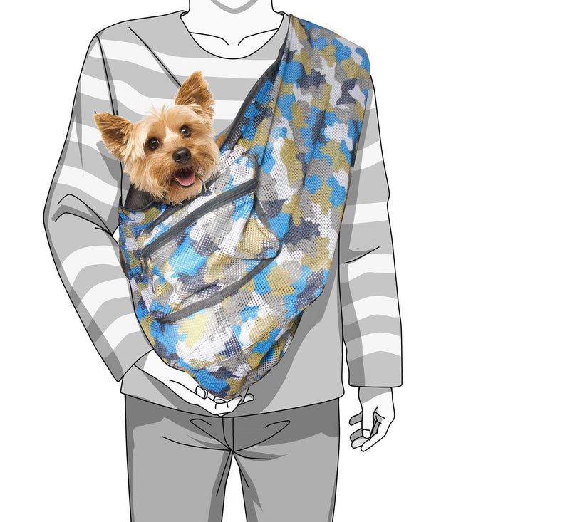 Foldable Mesh Dog Cat Carrier Sling Bag Small Size -Ideal for Pets Below 5kgs /11 lbs, Camouflage - Camouflage Blue - PawsPlanet Australia