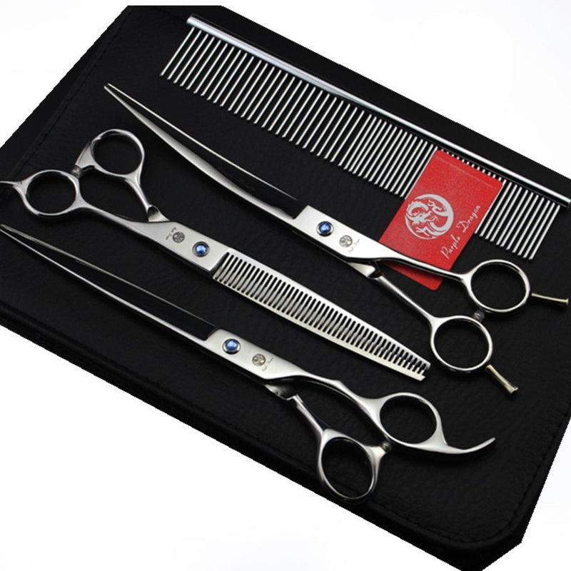 Purple Dragon 8 inch 3 in 1 Professional Pet Grooming Thinning Scissors - Upward Curved Shears and Dog Hair Cutting Scissor - Perfect for Pet Groomer or Family DIY Use (Silver) Silver - PawsPlanet Australia