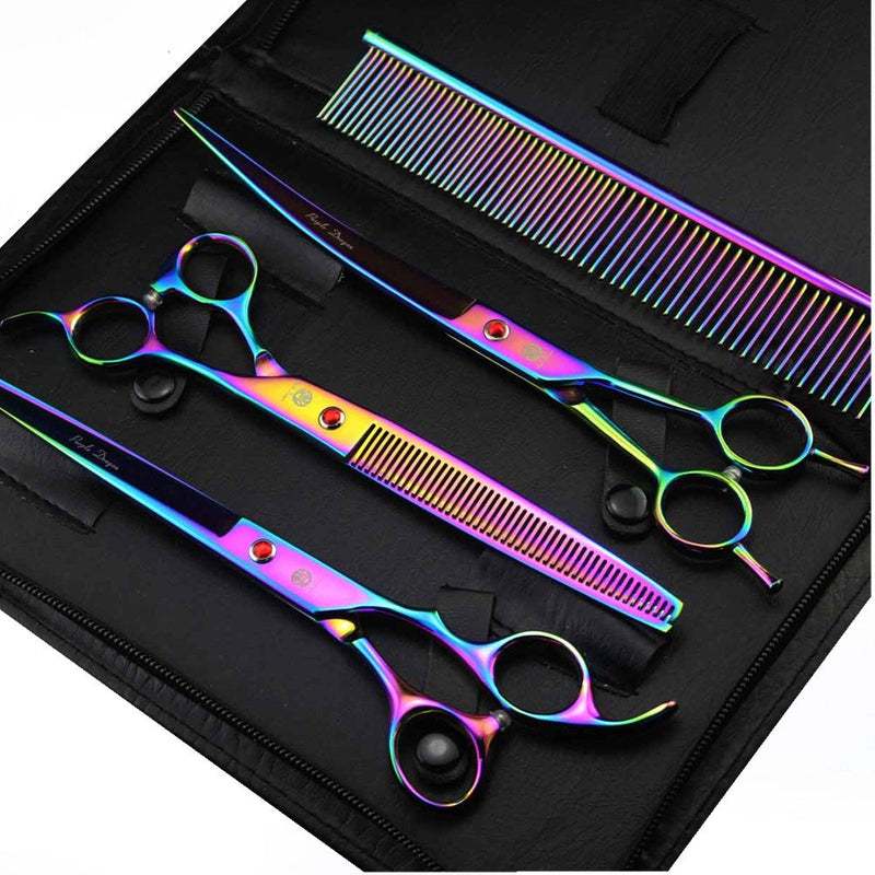 Purple Dragon 8 inch 3 in 1 Professional Pet Grooming Thinning Scissors - Upward Curved Shears and Dog Hair Cutting Scissor - Perfect for Pet Groomer or Family DIY Use (Rainbow) Rainbow