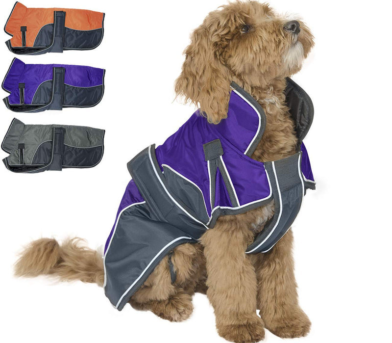 Derby Originals Urban Pet 420D Water Resistant Reflective Winter Dog Parka with Neck Cover & Harness Compatible Opening 220g Heavy Weight Medium Purple/Charcoal