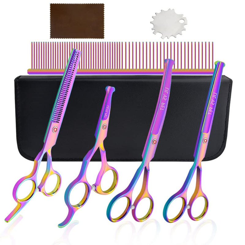 LILYS PET Safe Round-Tip Professional PET DOG Grooming Coated Titanium scissors suit Cutting&Curved&Thinning shears Set (Rainbow) Rainbow - PawsPlanet Australia