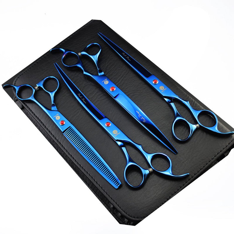 Purple Dragon 8.0 inch Professional Pet Grooming Scissors,Dog Straight Shear, Thinning/Blending Scissor & 2 PCS Curved Shear with Bag (Blue) - PawsPlanet Australia